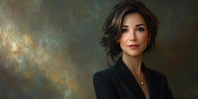 Professional portrait of a confident woman against a muted background showcasing her poise and elegance photo