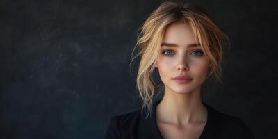 Young woman with natural beauty poses against a dark background in a minimalist setting photo