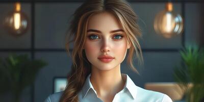 Young woman with striking blue eyes in modern office setting engaged in professional work photo