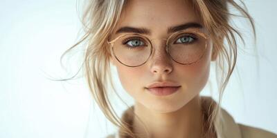 Young woman with glasses and freckles poses against a light background during a studio photoshoot capturing natural beauty photo