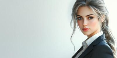 Confident businesswoman poses in modern office attire with a neutral background photo