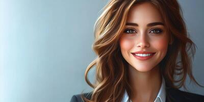 Smiling woman with long brown hair poses against a neutral background during a professional photoshoot photo