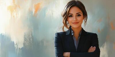 Confident professional woman poses against an artistic background in a modern office environment photo