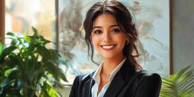Confident young woman in business attire smiling in a modern office setting with plants and artwork in the background photo