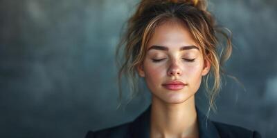 Young woman with closed eyes meditating in a calm environment, showcasing inner peace and serenity in her expression photo