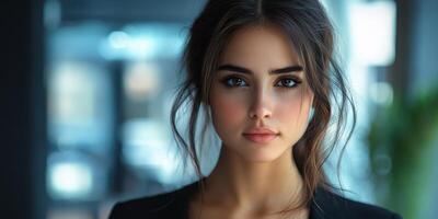 Young woman with expressive eyes and natural beauty in modern setting exuding confidence and grace photo