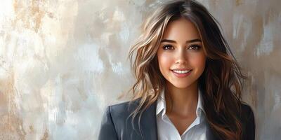 Professional young woman smiling confidently against a textured wall in a stylish outfit during a business setting photo