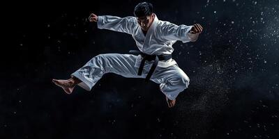 Martial artist performs a powerful high kick in a dramatic display of skill and strength during a night training session photo