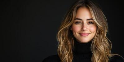 Smiling woman with long hair in dark turtleneck against plain background during indoor photoshoot photo