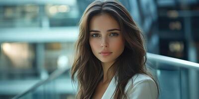 Young woman with long hair poses elegantly indoors at a modern building during daylight photo