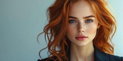 Stunning red-haired model poses against a softly lit background showcasing natural beauty and elegance photo