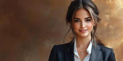 Professional woman in a business suit smiling against a warm background in an indoor setting photo