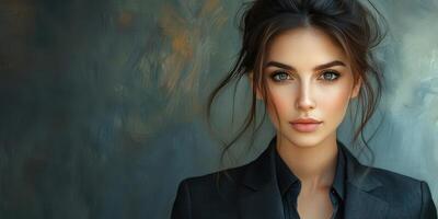 Portrait of a woman in formal attire with a soft expression against an artistic backdrop photo