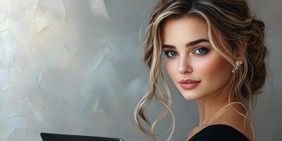 Young woman with elegant hairstyle poses for a portrait while holding a tablet in a contemporary setting photo