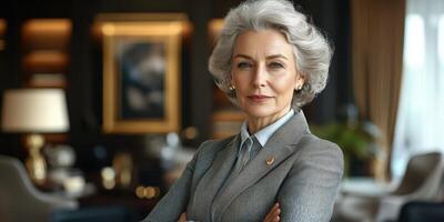 Professional woman stands confidently in an elegant office setting with a polished and sophisticated demeanor photo