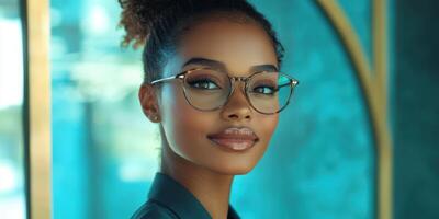 Stylish young woman wearing glasses poses confidently with a bright background in a modern setting photo