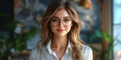 Confident young woman in glasses standing indoors in a well-lit room with plants and artwork photo