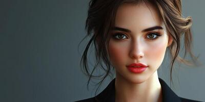 Model showcases beauty and confidence with natural makeup in a studio setting during a portrait session photo