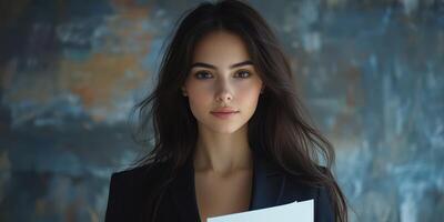 Young woman holding documents stands confidently in front of a textured background in a creative workspace during daylight photo