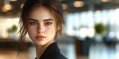 Portrait of a young woman with expressive features in a modern indoor setting during daylight hours photo