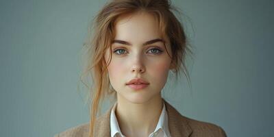 Young woman with natural beauty poses against a simple light background while looking directly at the camera photo
