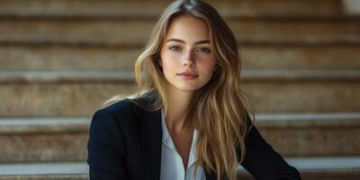 Young woman with long hair sits confidently on stairs in urban setting during daylight hours photo