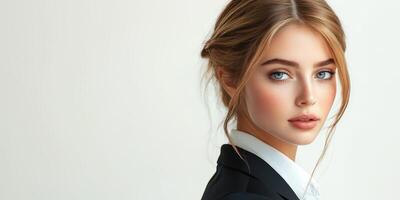 Young woman in a formal outfit poses against a light backdrop while displaying confidence and elegance photo