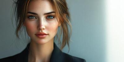 Portrait of a woman with natural beauty, showcasing soft features and a polished look in an indoor setting during daylight photo