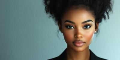 Young woman with natural hair poses confidently against a plain backdrop showcasing her striking features and captivating expression photo