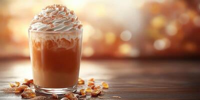 Delicious coffee drink topped with whipped cream and cinnamon in a cozy cafe setting during autumn photo