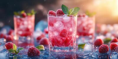 Refreshing summer drinks with raspberries, mint, and ice enjoy a sunny day by the water photo