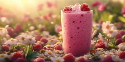 Refreshing raspberry smoothie served in a glass surrounded by vibrant flowers in a sunny garden setting photo
