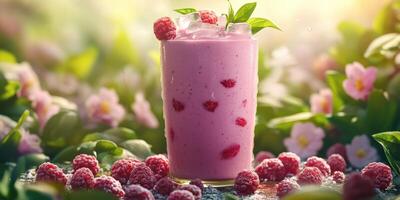 Refreshing raspberry smoothie surrounded by fresh fruit in a vibrant garden during golden hour photo