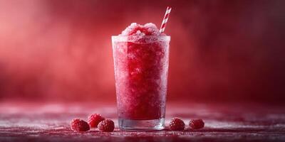 Refreshing raspberry slush served in a clear glass with a striped straw on a textured surface in a vibrant red setting photo