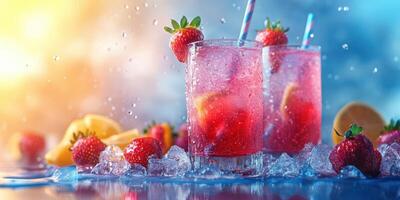 Refreshing strawberry lemonade drinks with ice on a sunny summer day photo