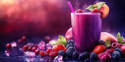 Refreshing purple smoothie made with berries and fruits served in a glass with mint garnish on a vibrant background photo