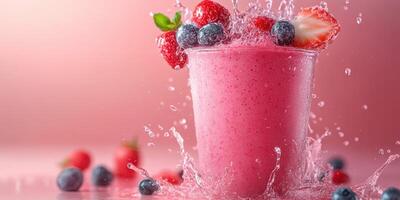 Refreshing berry smoothie splashes in a glass, showcasing vibrant colors and fresh fruits photo