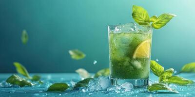 Refreshing basil lemonade drink with ice and lime slices served in a glass photo
