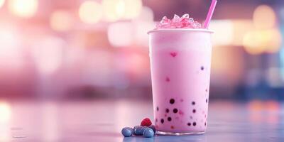 Colorful bubble tea with ice and fruit toppings served in a transparent cup on a vibrant background photo