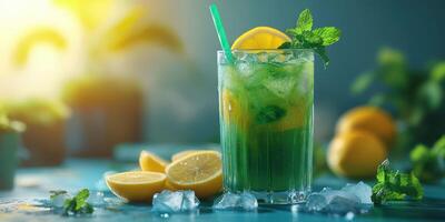 Refreshing mint lemonade sits on a table with ice and lemon slices in a sunlit kitchen photo