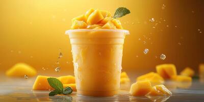 Fresh mango smoothie with mint leaves, vibrant color, splashing droplets, and tropical fruits in a bright setting photo