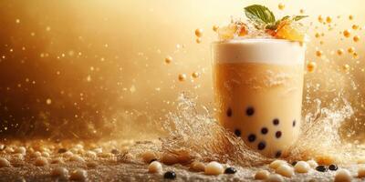 Refreshing bubble tea with splashes and fruit garnishes captured in warm lighting at a cozy cafe setting photo