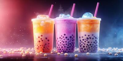 Colorful bubble tea drinks arranged artfully on a surface with vibrant lighting and ice cubes at a trendy cafe during an evening gathering photo