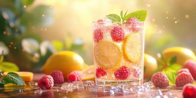 Refreshing raspberry lemonade served in a glass with mint on a sunny afternoon in an outdoor garden setting photo