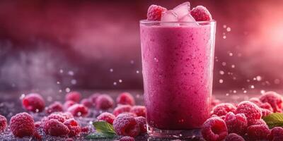 Refreshing raspberry smoothie with ice and berries on a dark background during a cozy evening setting photo
