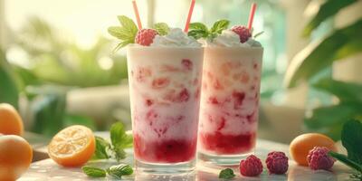 Refreshing raspberry drinks served in clear glasses with whipped cream and mint garnish on a sunny table photo