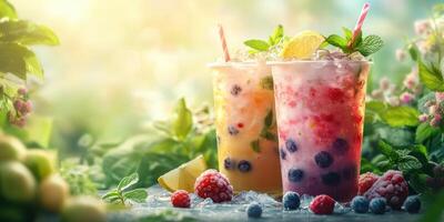 Refreshing summer drinks with berries and citrus served outdoors in lush greenery during golden hour photo