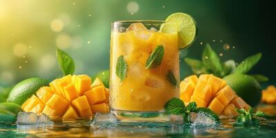 Refreshing tropical drink with mango and lime surrounded by fresh fruit and mint leaves photo