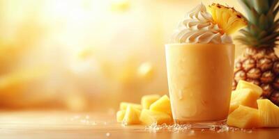 Refreshing tropical beverage served with whipped cream and pineapple slices on a wooden table photo