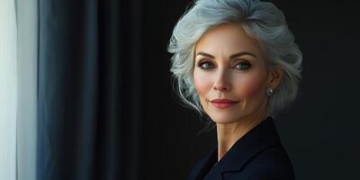 Elegant woman with silver hair gazes thoughtfully out of a window in a modern interior setting during the day photo
